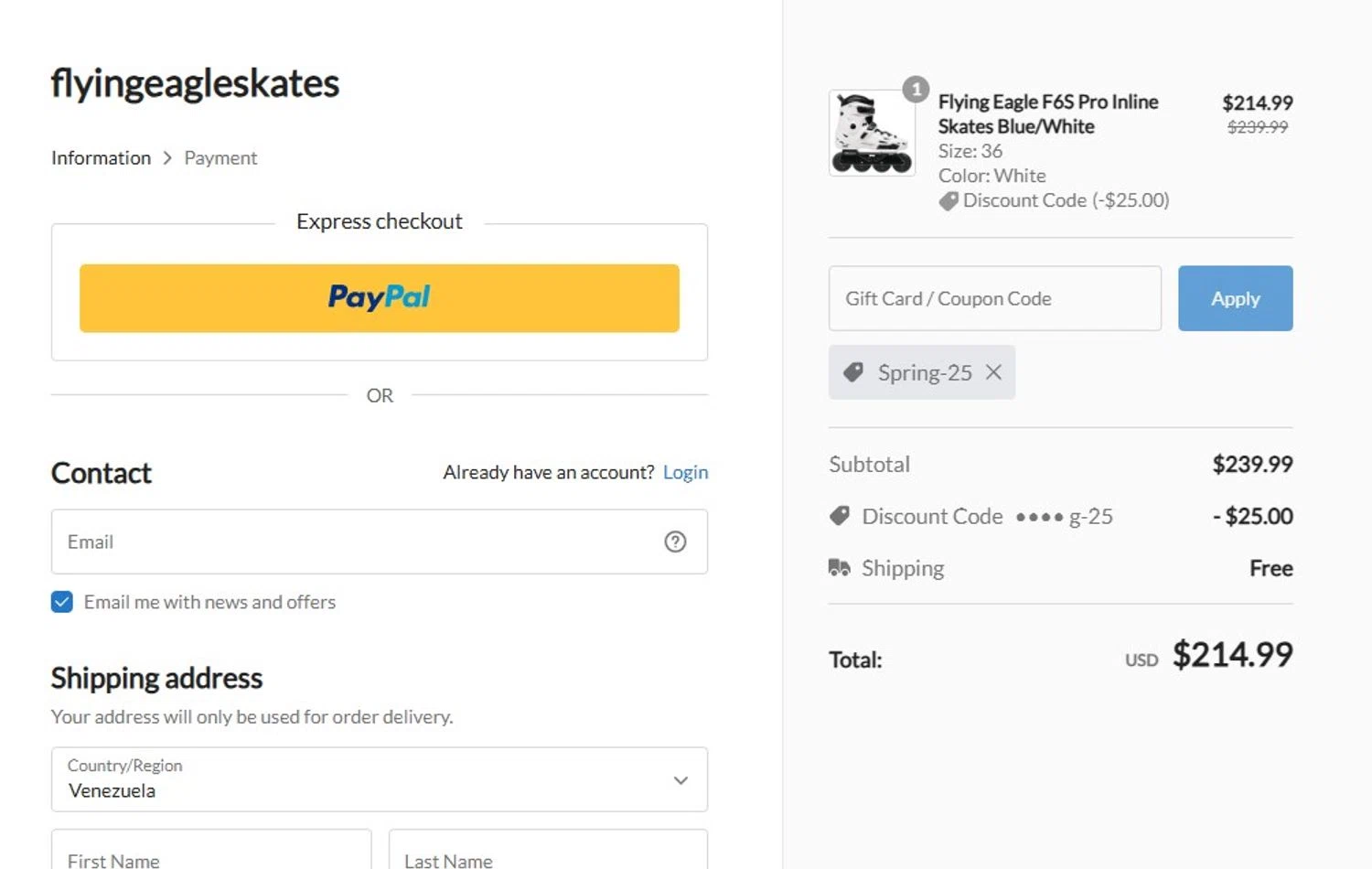 Flying Eagle Skate promo code screenshot showing code Spring-25 applied at Flying Eagle Skate checkout page. Uploaded by SimplyCodes community member QuestPro4808 on Sep 1, 2025