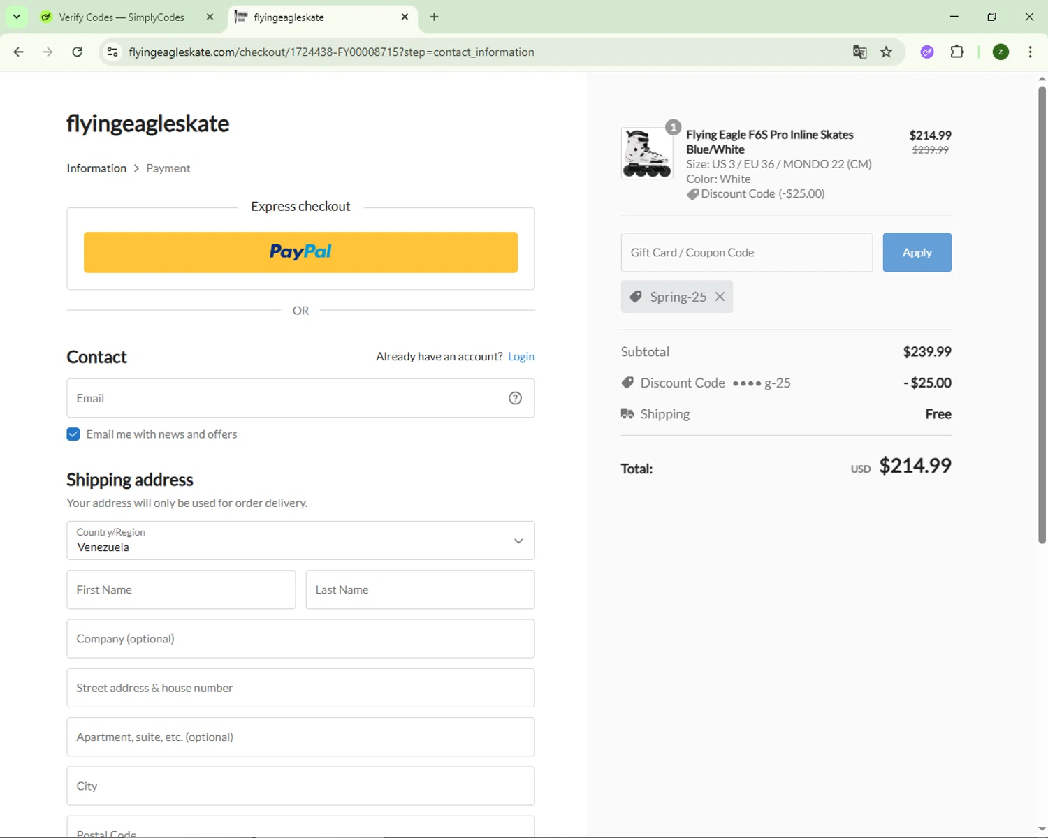 Flying Eagle Skate promo code screenshot showing code Spring-25 applied at Flying Eagle Skate checkout page. Uploaded by SimplyCodes community member dolce_codmax213 on Nov 16, 2025