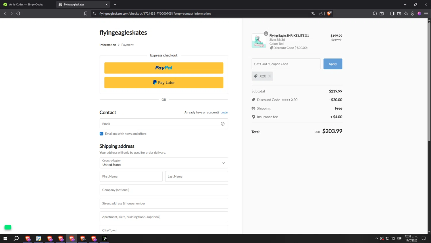 Flying Eagle Skate promo code screenshot showing code X20 applied at Flying Eagle Skate checkout page. Uploaded by SimplyCodes community member qqqqqqqqqqqqq on Jul 17, 2025