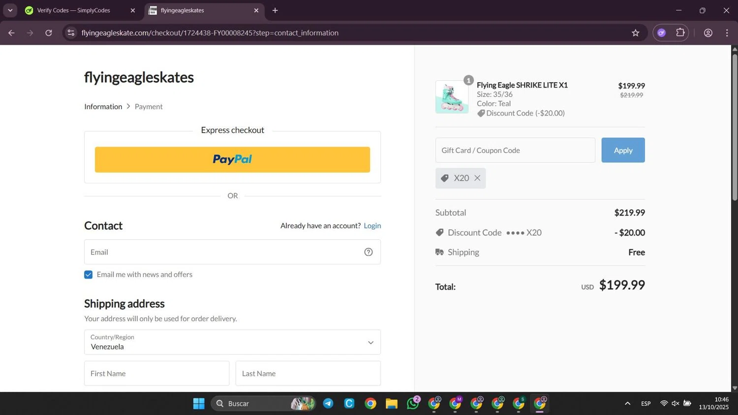 Flying Eagle Skate promo code screenshot showing code X20 applied at Flying Eagle Skate checkout page. Uploaded by SimplyCodes community member SilverWhiz4145 on Oct 13, 2025