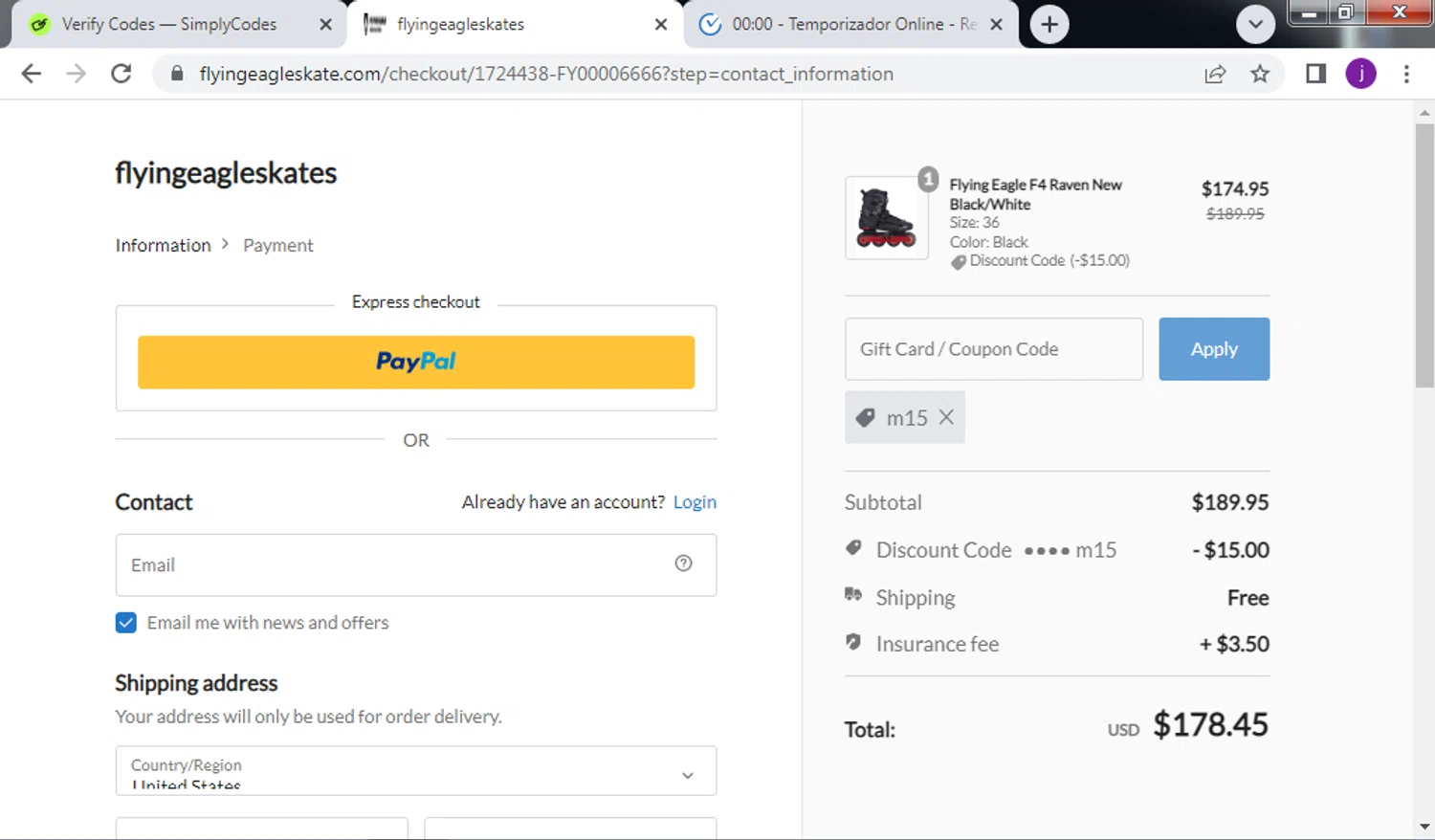 Flying Eagle Skate promo code screenshot showing code m15 applied at Flying Eagle Skate checkout page. Uploaded by SimplyCodes community member QuestScholar4095 on Jun 22, 2025