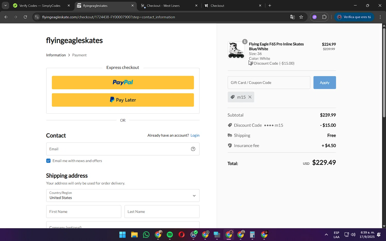 Flying Eagle Skate promo code screenshot showing code m15 applied at Flying Eagle Skate checkout page. Uploaded by SimplyCodes community member ShrewdPilot3521 on Sep 17, 2025