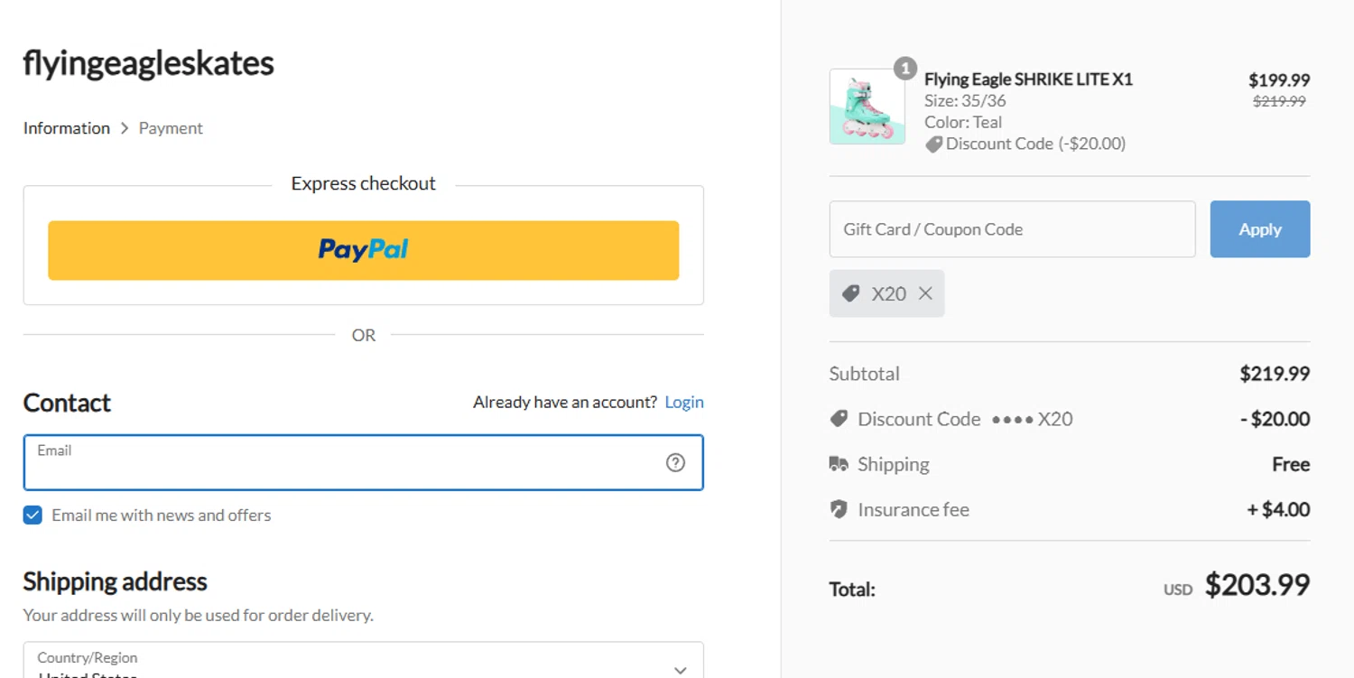 Flying Eagle Skate promo code screenshot showing code X20 applied at Flying Eagle Skate checkout page. Uploaded by SimplyCodes community member aumentadax10 on May 20, 2025