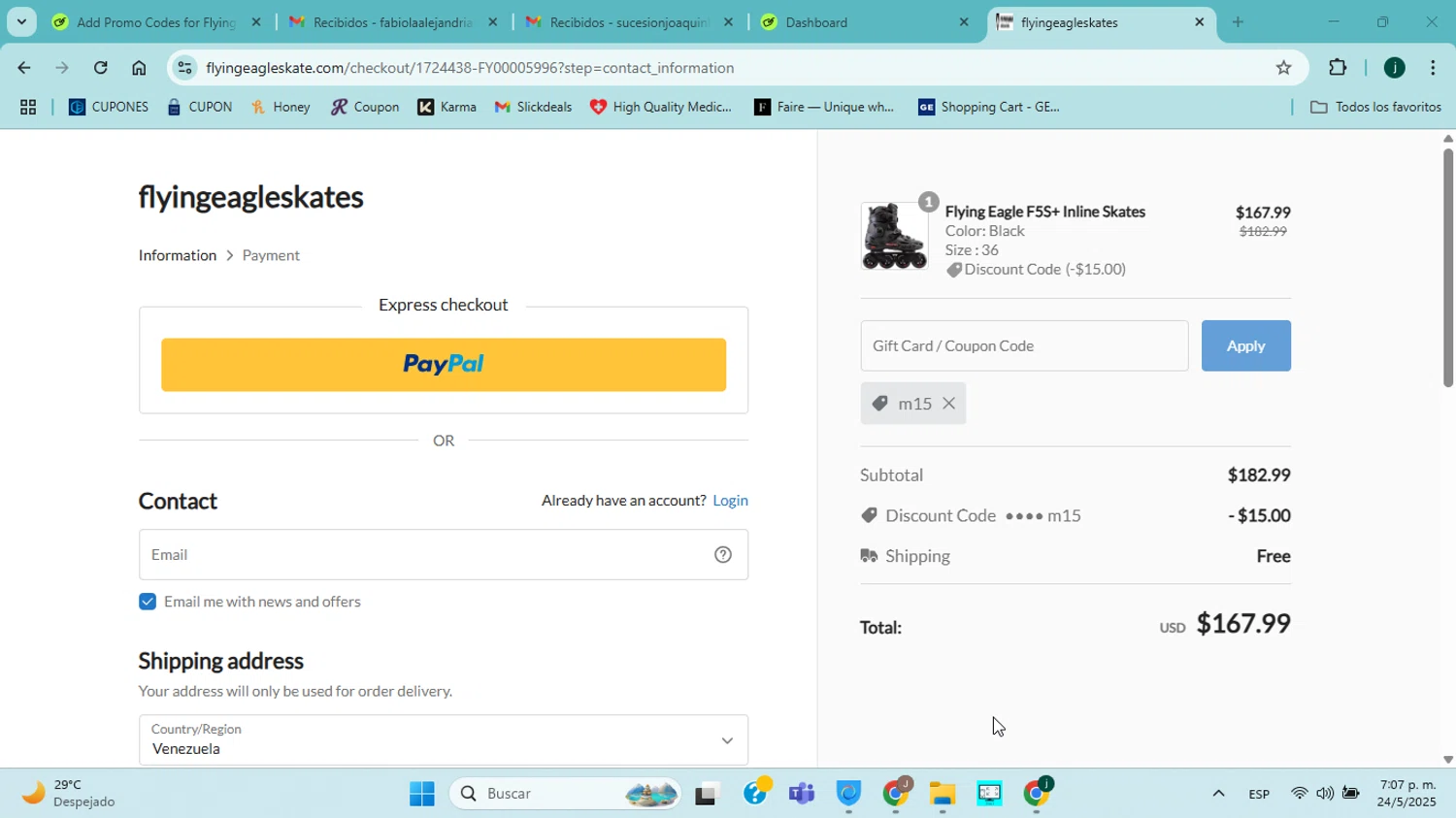 Flying Eagle Skate promo code screenshot showing code m15 applied at Flying Eagle Skate checkout page. Uploaded by SimplyCodes community member jorgejavierherrera on May 24, 2025