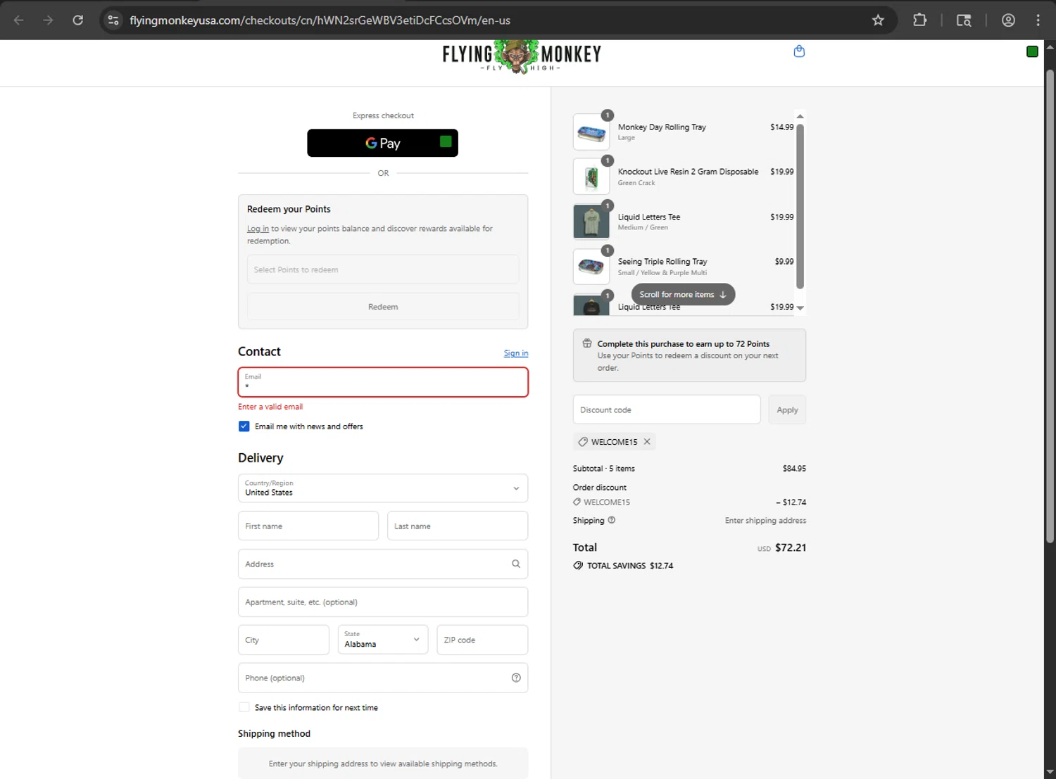 Flying Monkey US promo code screenshot showing code WELCOME15 applied at Flying Monkey US checkout page. Uploaded by SimplyCodes community member RINITOSHI on Sep 12, 2025