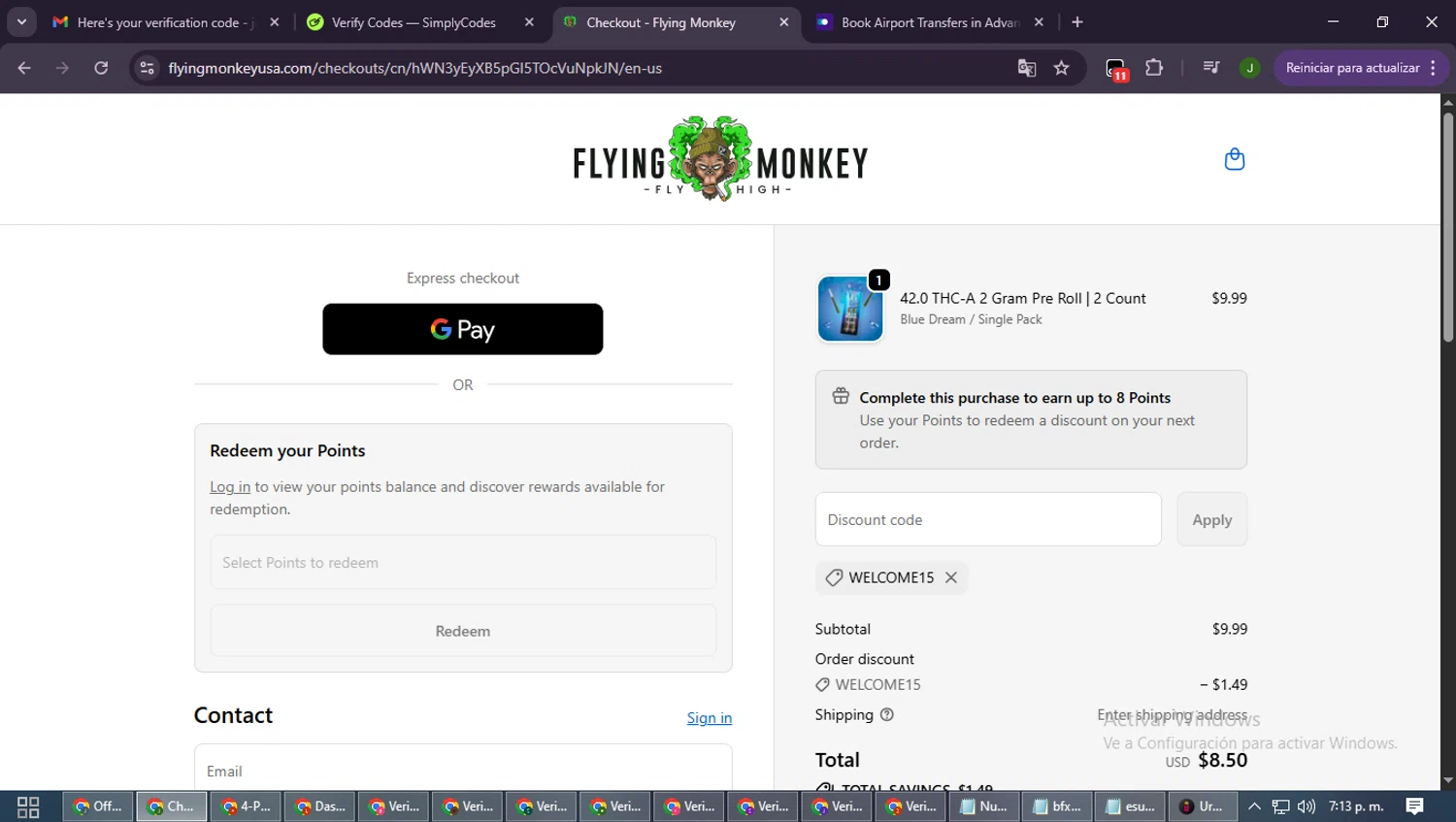 Flying Monkey US promo code screenshot showing code WELCOME15 applied at Flying Monkey US checkout page. Uploaded by SimplyCodes community member SmartLion6646 on Oct 10, 2025