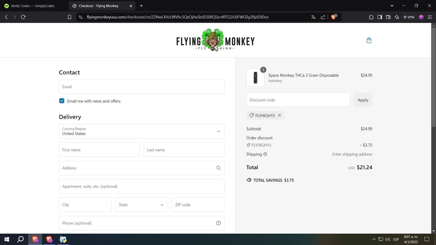 Flying Monkey US promo code screenshot showing code FLYHIGH15 applied at Flying Monkey US checkout page. Uploaded by SimplyCodes community member kkkkkkkkkkkkkkkkkkkk on Jan 4, 2025