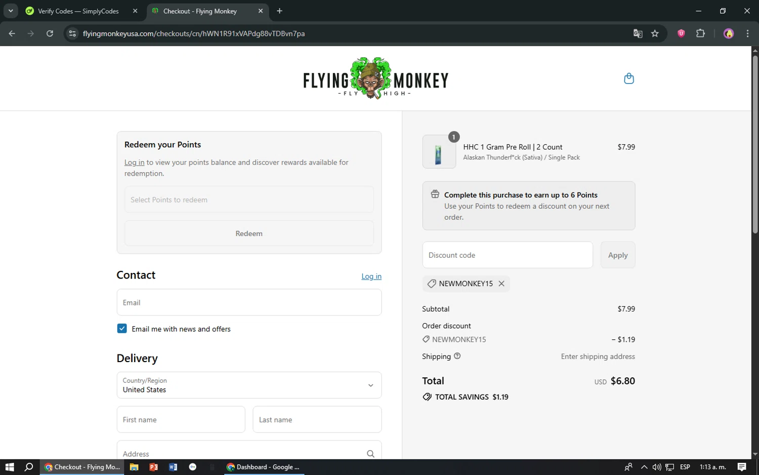 Flying Monkey US promo code screenshot showing code NEWMONKEY15 applied at Flying Monkey US checkout page. Uploaded by SimplyCodes community member TreasureShopper9156 on Aug 5, 2025