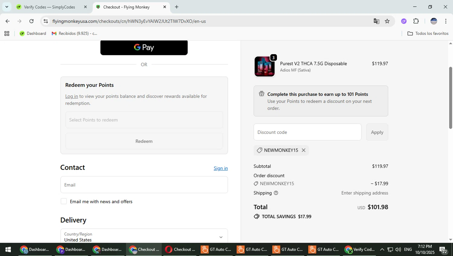 Flying Monkey US promo code screenshot showing code NEWMONKEY15 applied at Flying Monkey US checkout page. Uploaded by SimplyCodes community member TrevorPhilips on Oct 10, 2025