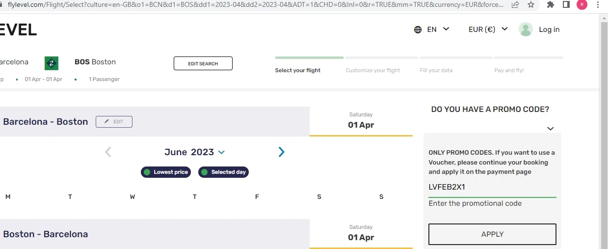Fly LEVEL checkout page showing Fly LEVEL promo code box | Screenshot taken by SimplyCodes community member on Jun 26, 2023