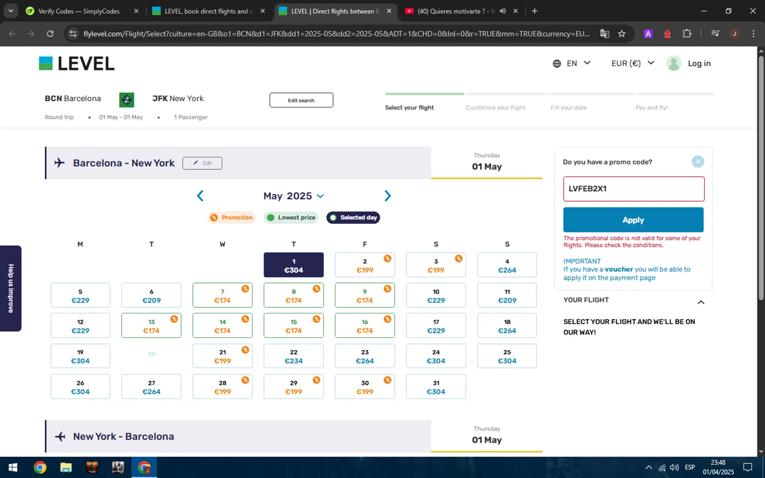 Fly LEVEL promo code screenshot showing code LVFEB2X1 applied at Fly LEVEL checkout page. Uploaded by SimplyCodes community member GOJOSATURO on Apr 1, 2025