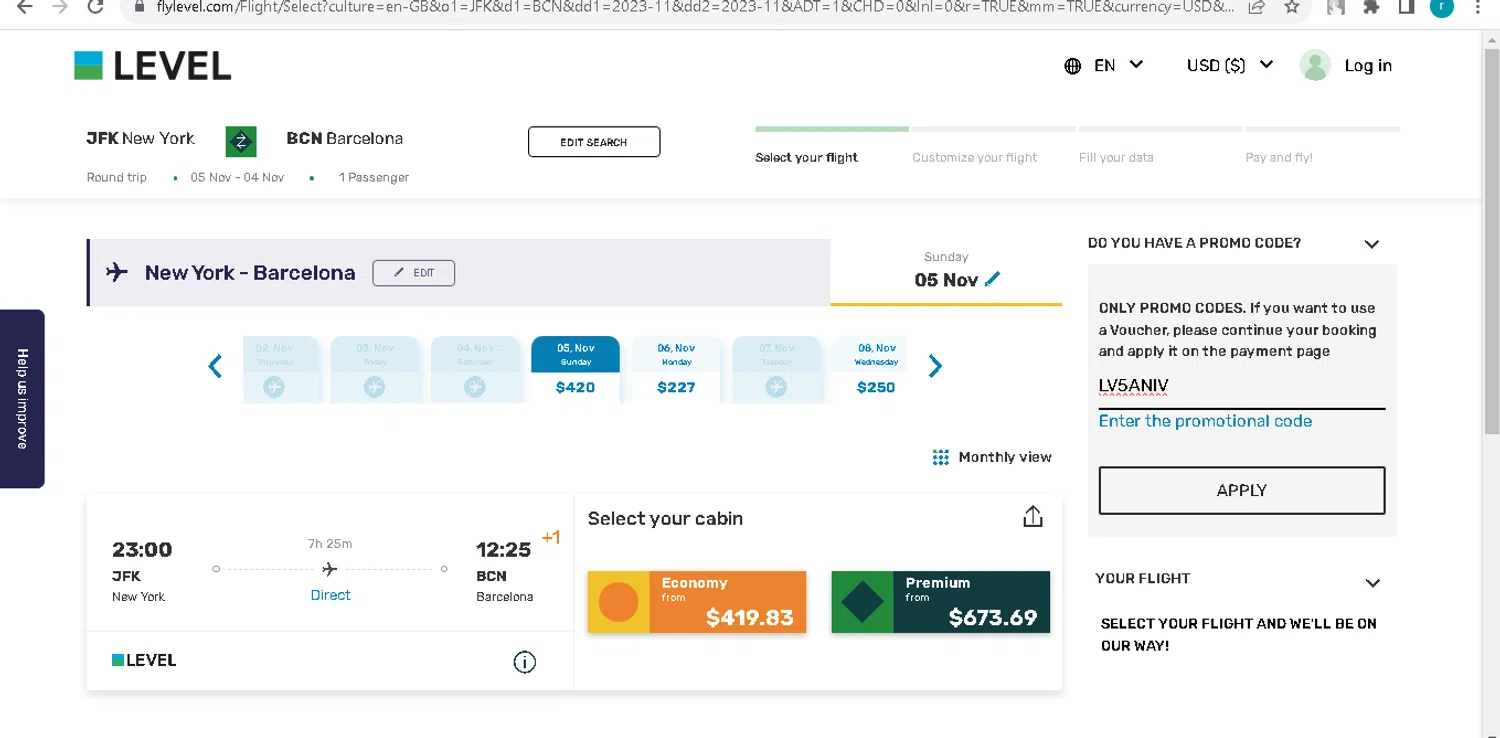 Fly LEVEL checkout page showing Fly LEVEL promo code box | Screenshot taken by SimplyCodes community member on Oct 12, 2023