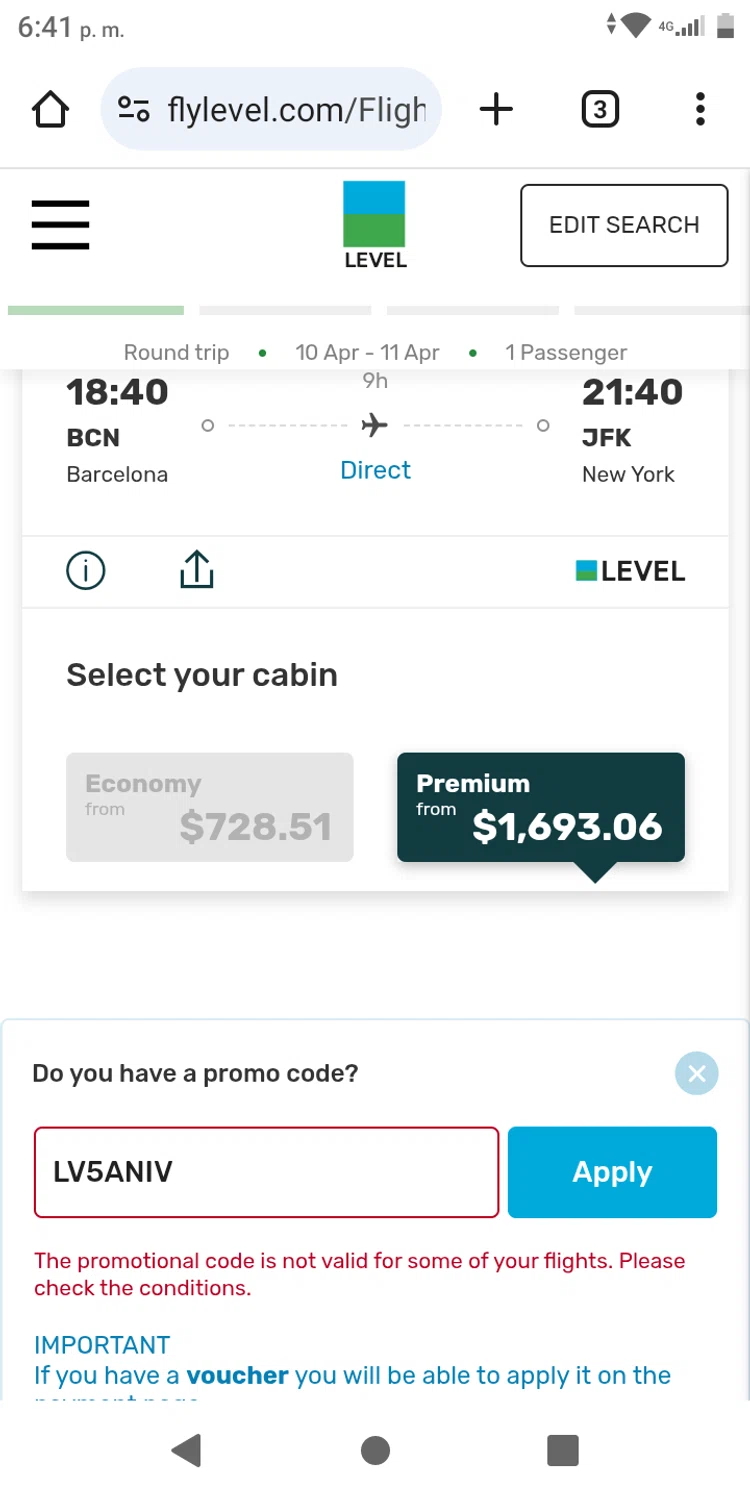 Fly LEVEL promo code screenshot showing code LV5ANIV applied at Fly LEVEL checkout page. Uploaded by SimplyCodes community member franksanchez on Mar 6, 2025