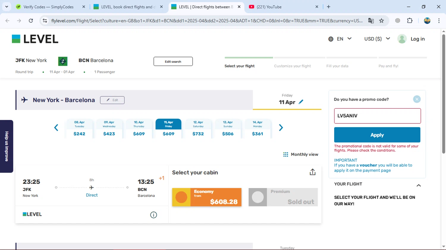 Fly LEVEL promo code screenshot showing code LV5ANIV applied at Fly LEVEL checkout page. Uploaded by SimplyCodes community member gleykerjose on Mar 18, 2025