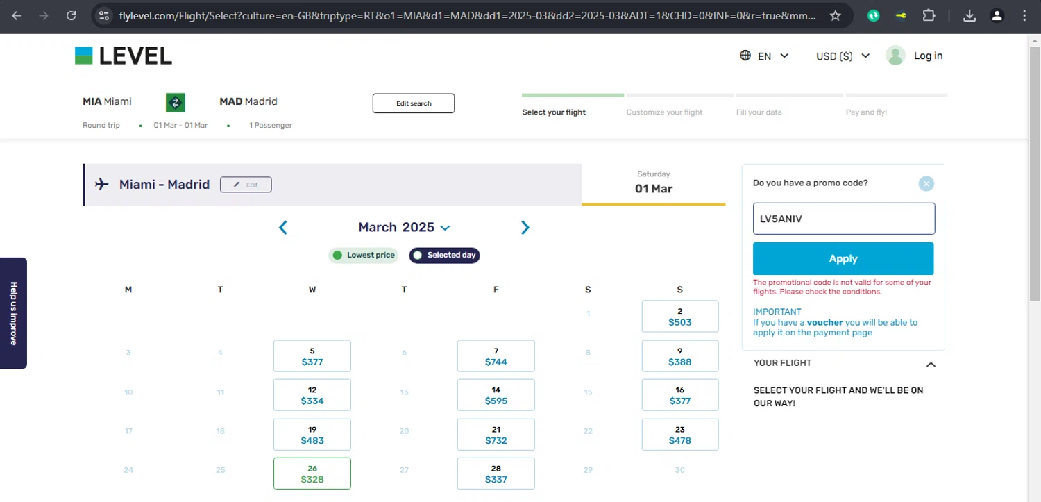Fly LEVEL promo code screenshot showing code LV5ANIV applied at Fly LEVEL checkout page. Uploaded by SimplyCodes community member xaswqe on Feb 12, 2025