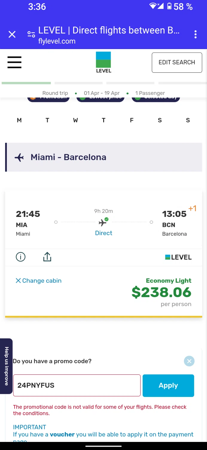 Fly LEVEL checkout page showing Fly LEVEL promo code box | Screenshot taken by SimplyCodes community member on Jan 10, 2024