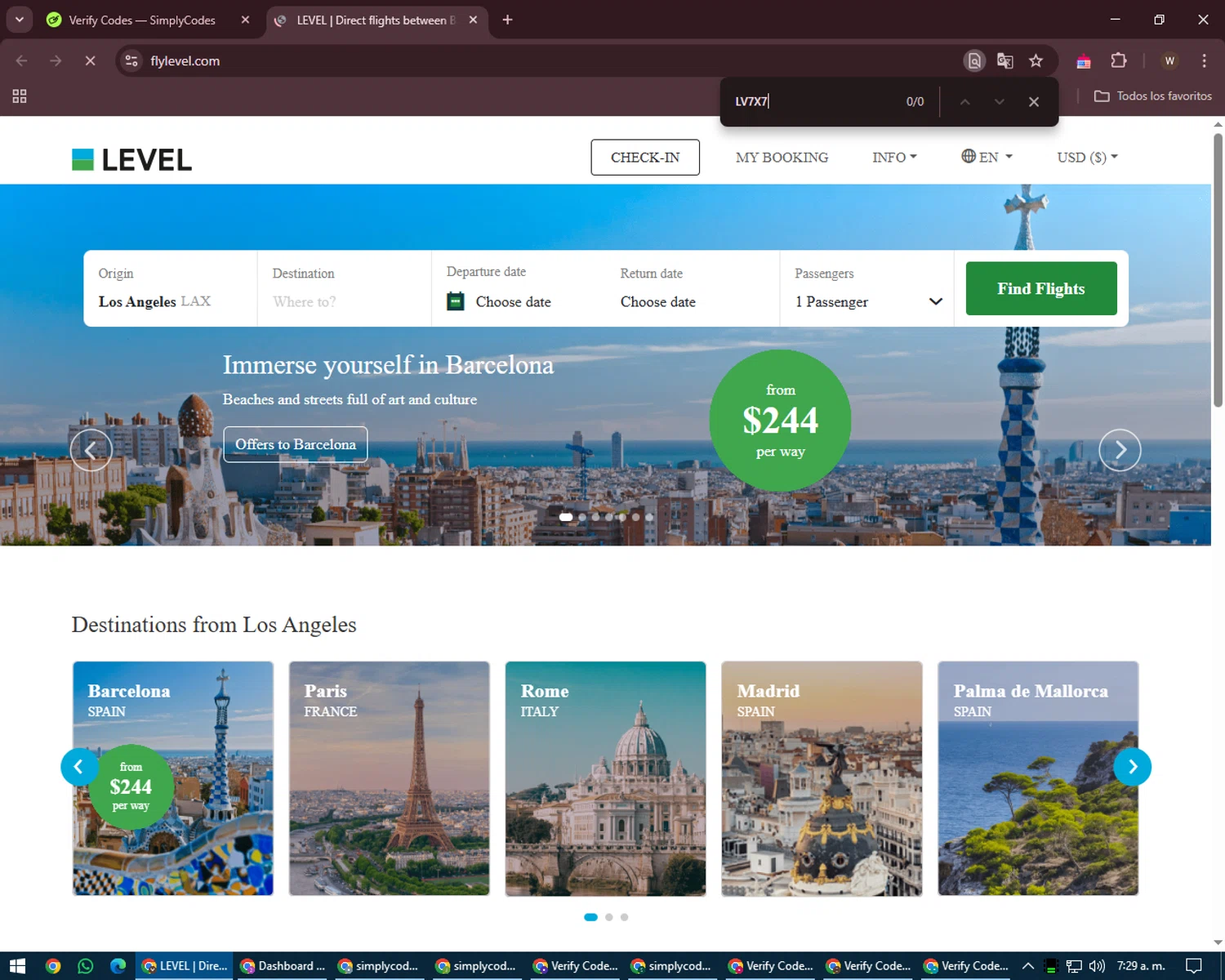 Fly LEVEL promo code screenshot showing code LV7X7 applied at Fly LEVEL checkout page. Uploaded by SimplyCodes community member DealMaestro2101 on Mar 25, 2025
