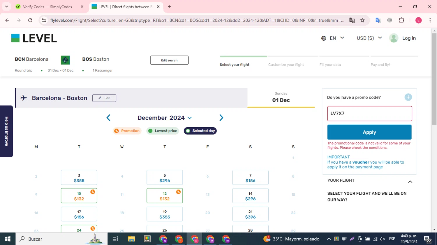 Fly LEVEL checkout page showing Fly LEVEL promo code box | Screenshot taken by SimplyCodes community member on Sep 20, 2024