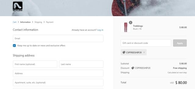Flylow Gear checkout page showing Flylow Gear discount code box | Screenshot taken by SimplyCodes community member on Jun 30, 2020