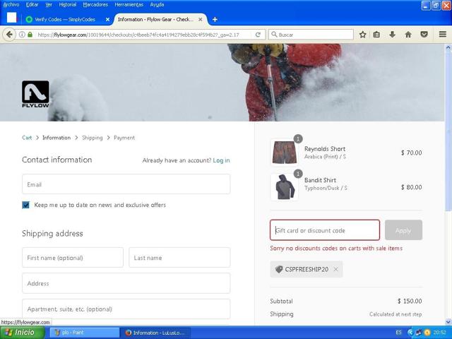 Flylow Gear checkout page showing Flylow Gear discount code box | Screenshot taken by SimplyCodes community member on Jul 7, 2020