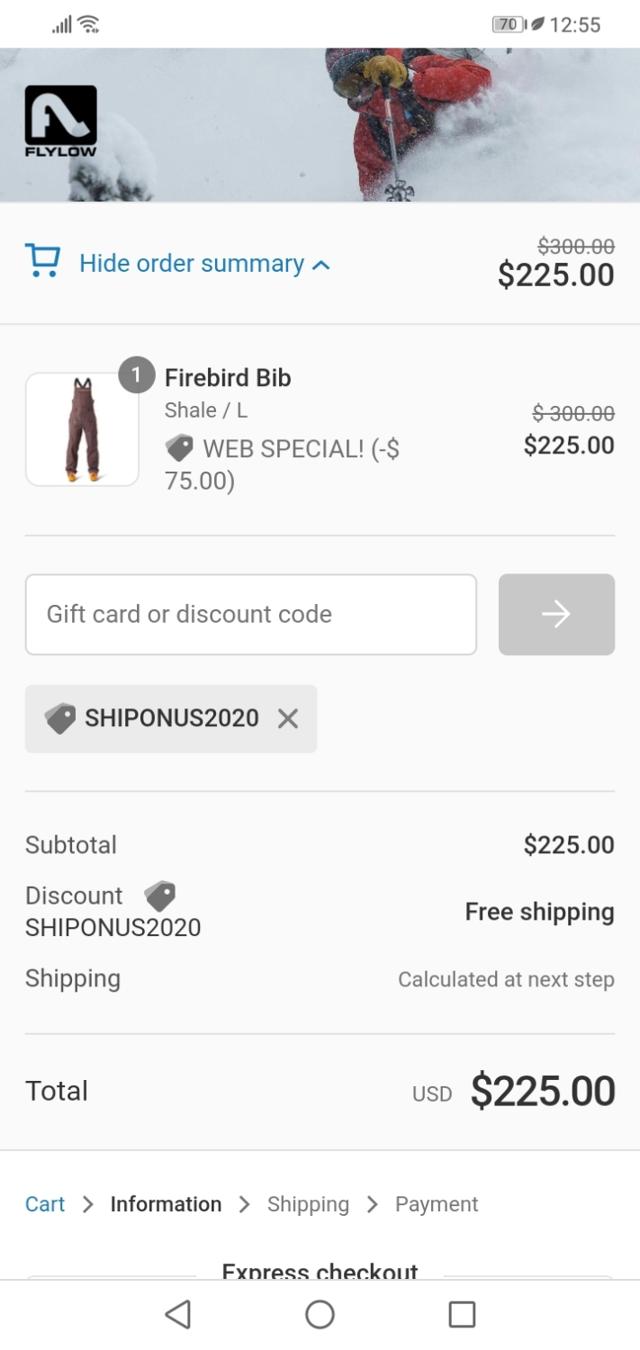 Flylow Gear checkout page showing Flylow Gear discount code box | Screenshot taken by SimplyCodes community member on Apr 27, 2021
