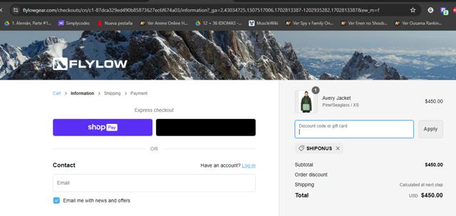 Flylow Gear checkout page showing Flylow Gear discount code box | Screenshot taken by SimplyCodes community member on Dec 17, 2023