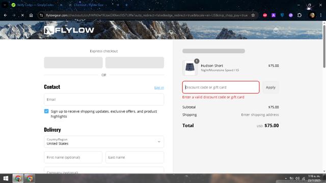 Flylow Gear checkout page showing Flylow Gear discount code box | Screenshot taken by SimplyCodes community member on Jul 23, 2025