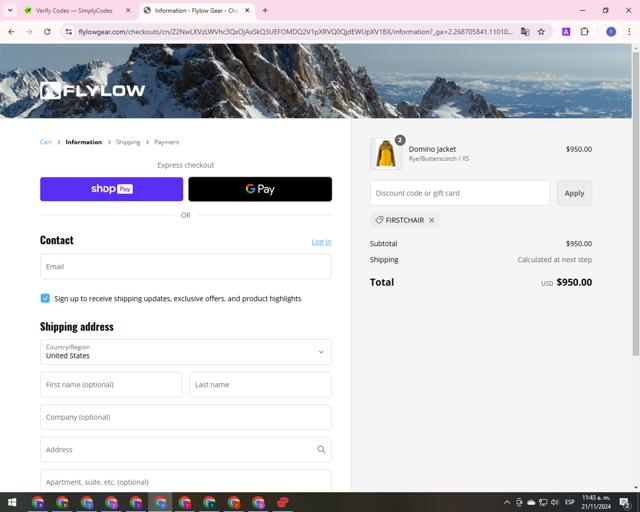 Flylow Gear checkout page showing Flylow Gear discount code box | Screenshot taken by SimplyCodes community member on Nov 21, 2024