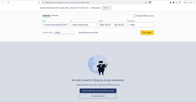 Porter Airlines checkout page showing Porter Airlines promo code box | Screenshot taken by SimplyCodes community member on Sep 4, 2025
