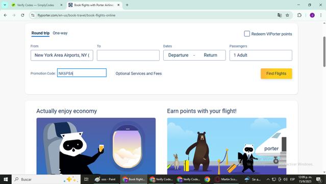 Porter Airlines checkout page showing Porter Airlines promo code box | Screenshot taken by SimplyCodes community member on Sep 15, 2025