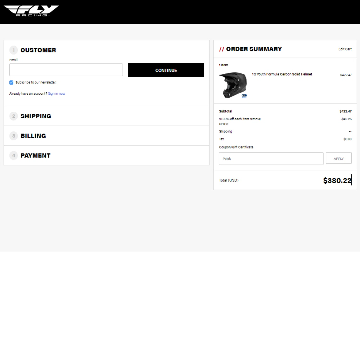 Fly Racing coupon code screenshot showing code Peick applied at Fly Racing checkout page. Uploaded by SimplyCodes community member Noah19 on Feb 18, 2025