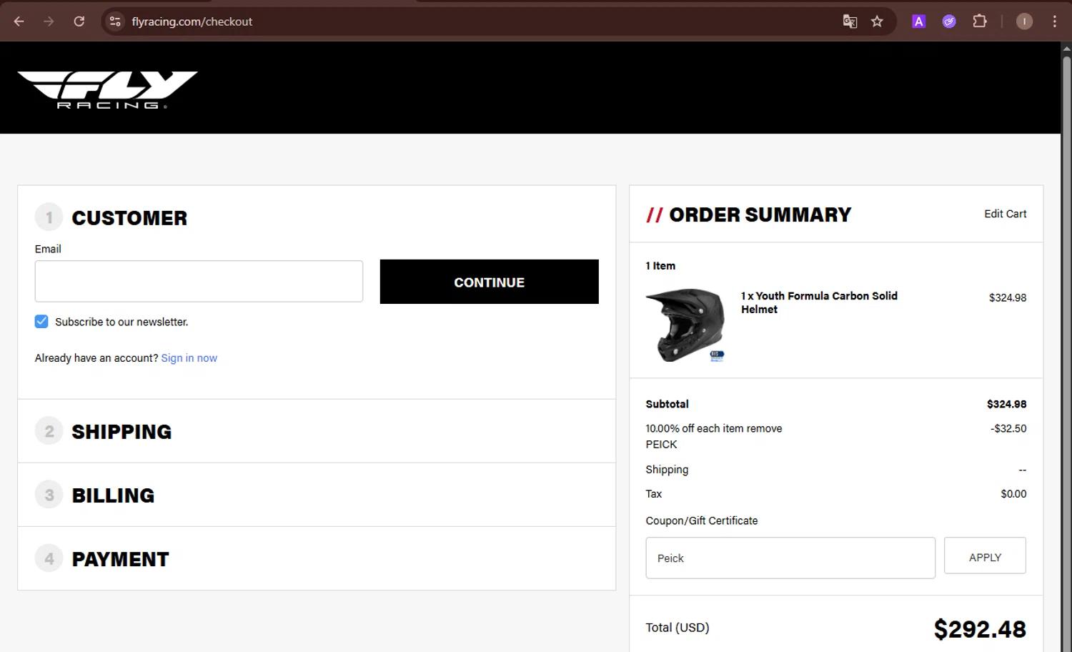 Fly Racing coupon code screenshot showing code Peick applied at Fly Racing checkout page. Uploaded by SimplyCodes community member EpicKnight6740 on May 10, 2025