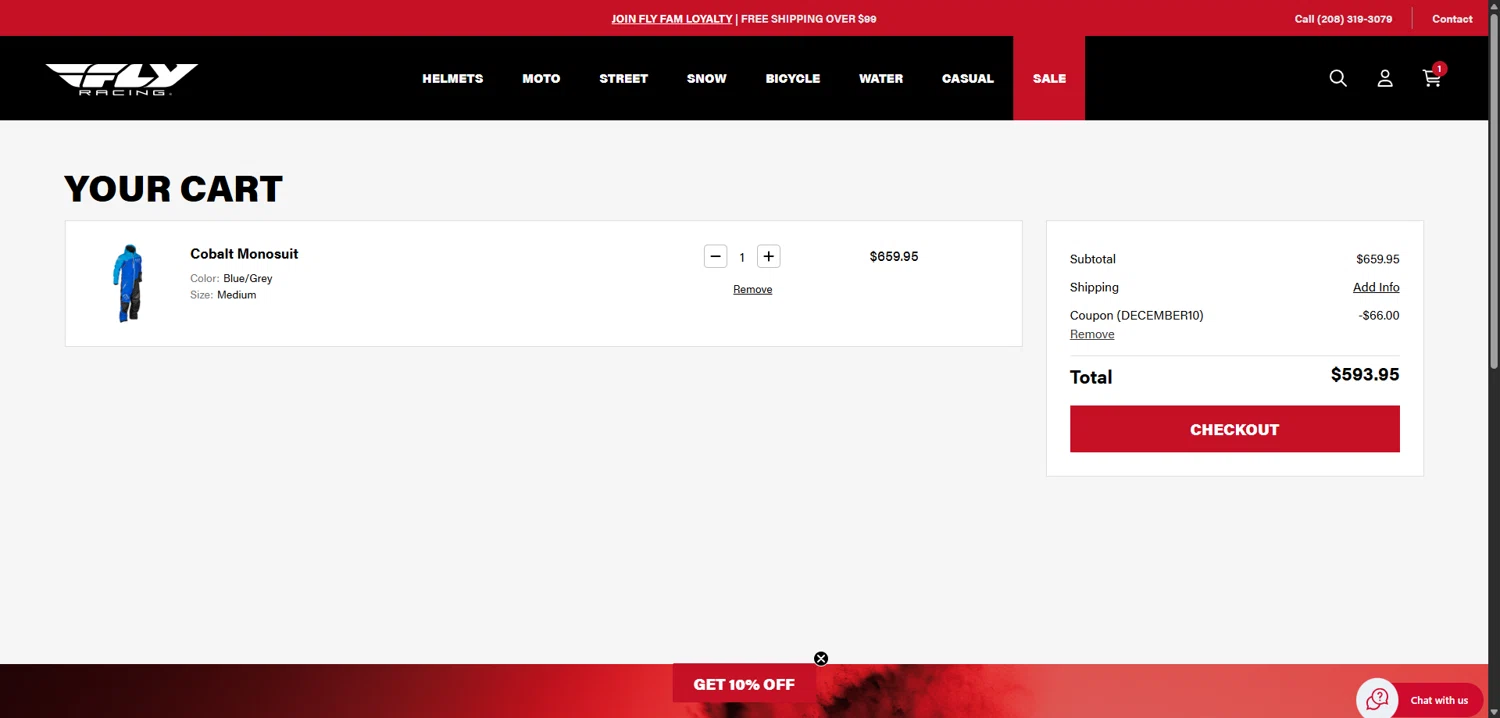 Fly Racing checkout page showing Fly Racing coupon code box | Screenshot taken by SimplyCodes community member on Dec 24, 2025
