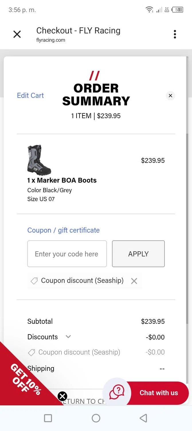 Fly Racing coupon code screenshot showing code Seaship applied at Fly Racing checkout page. Uploaded by SimplyCodes community member BonusVoyager4214 on Feb 16, 2026