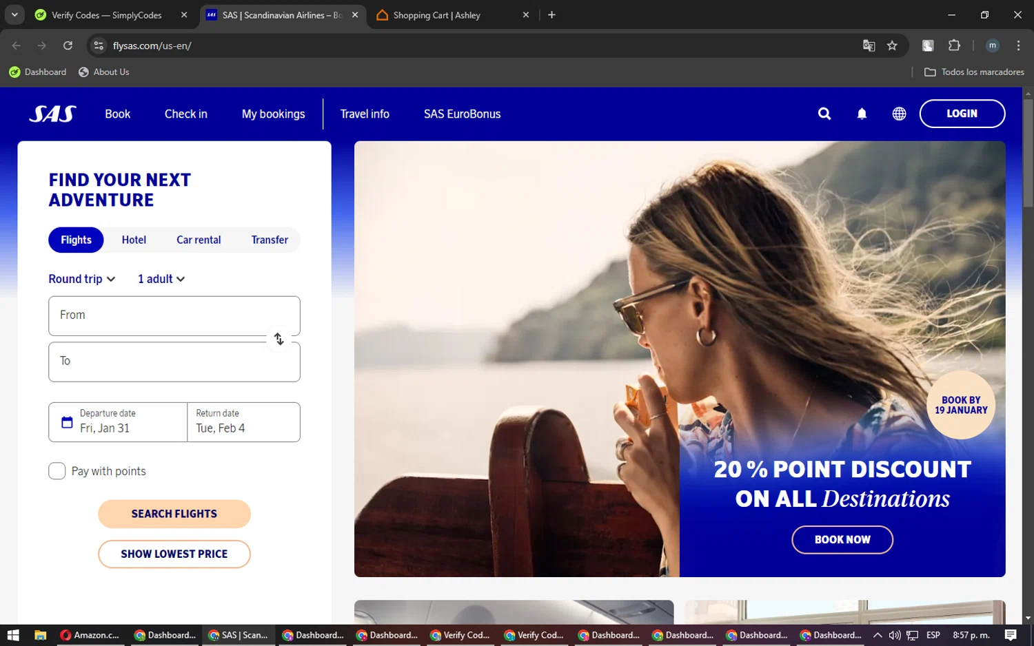 Scandinavian Airlines checkout page showing Scandinavian Airlines promo code box | Screenshot taken by SimplyCodes community member on Jan 15, 2025