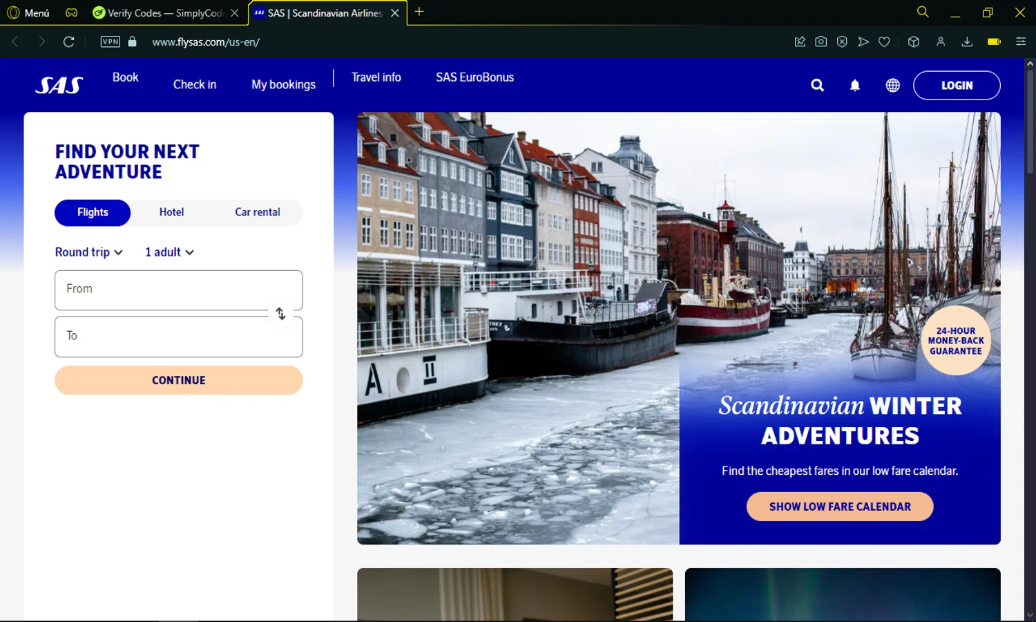 Scandinavian Airlines checkout page showing Scandinavian Airlines promo code box | Screenshot taken by SimplyCodes community member on Nov 17, 2024