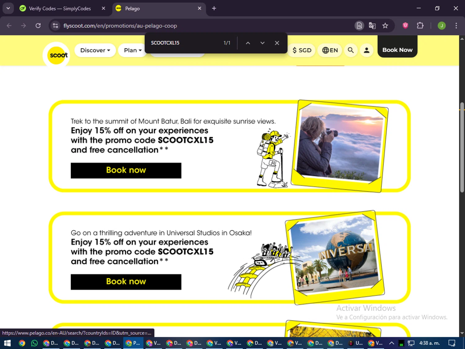 Scoot promo code screenshot showing code SCOOTCXL15 applied at Scoot checkout page. Uploaded by SimplyCodes community member LilBaby on Nov 22, 2025