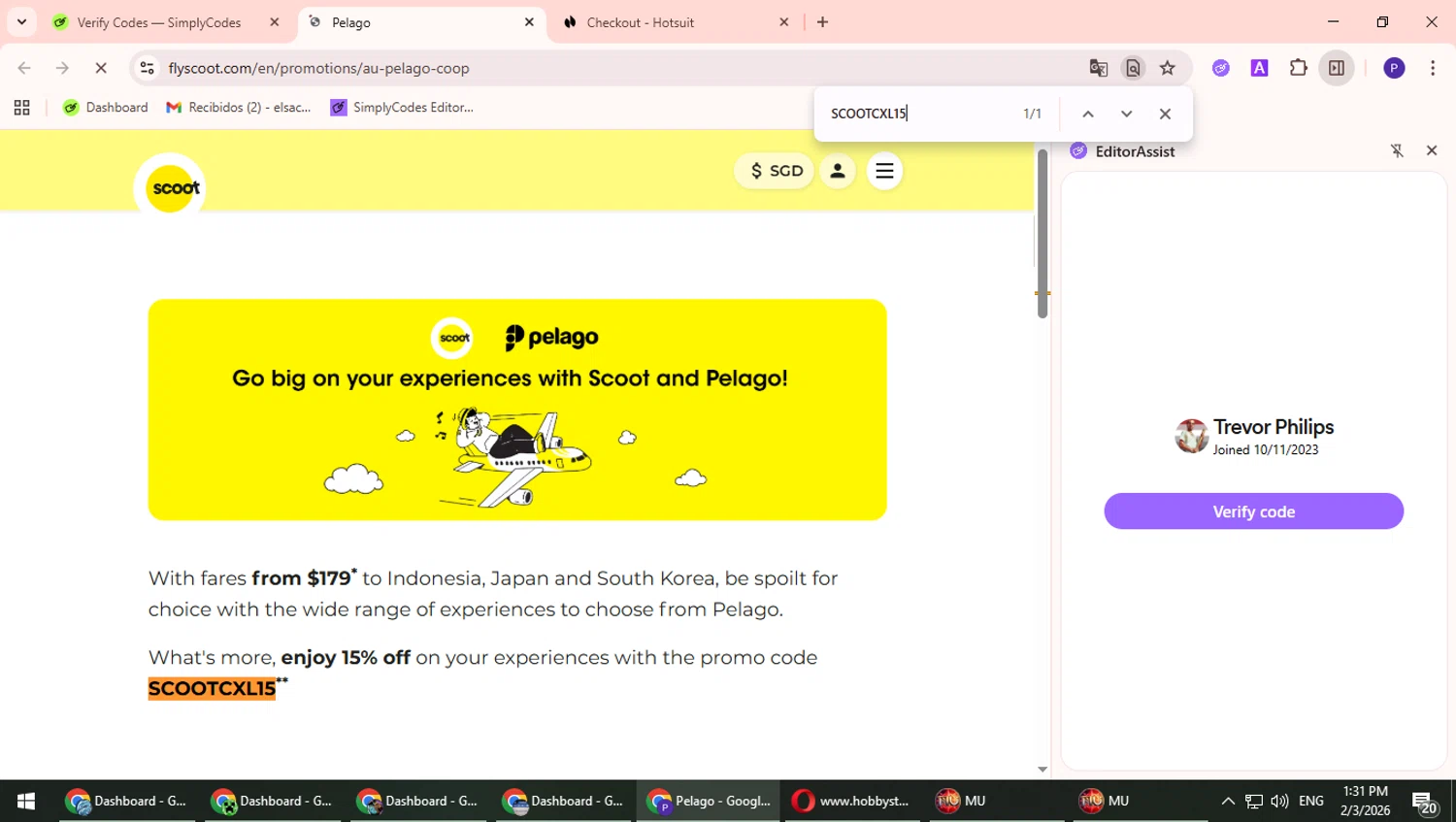 Scoot promo code screenshot showing code SCOOTCXL15 applied at Scoot checkout page. Uploaded by SimplyCodes community member TrevorPhilips on Feb 3, 2026