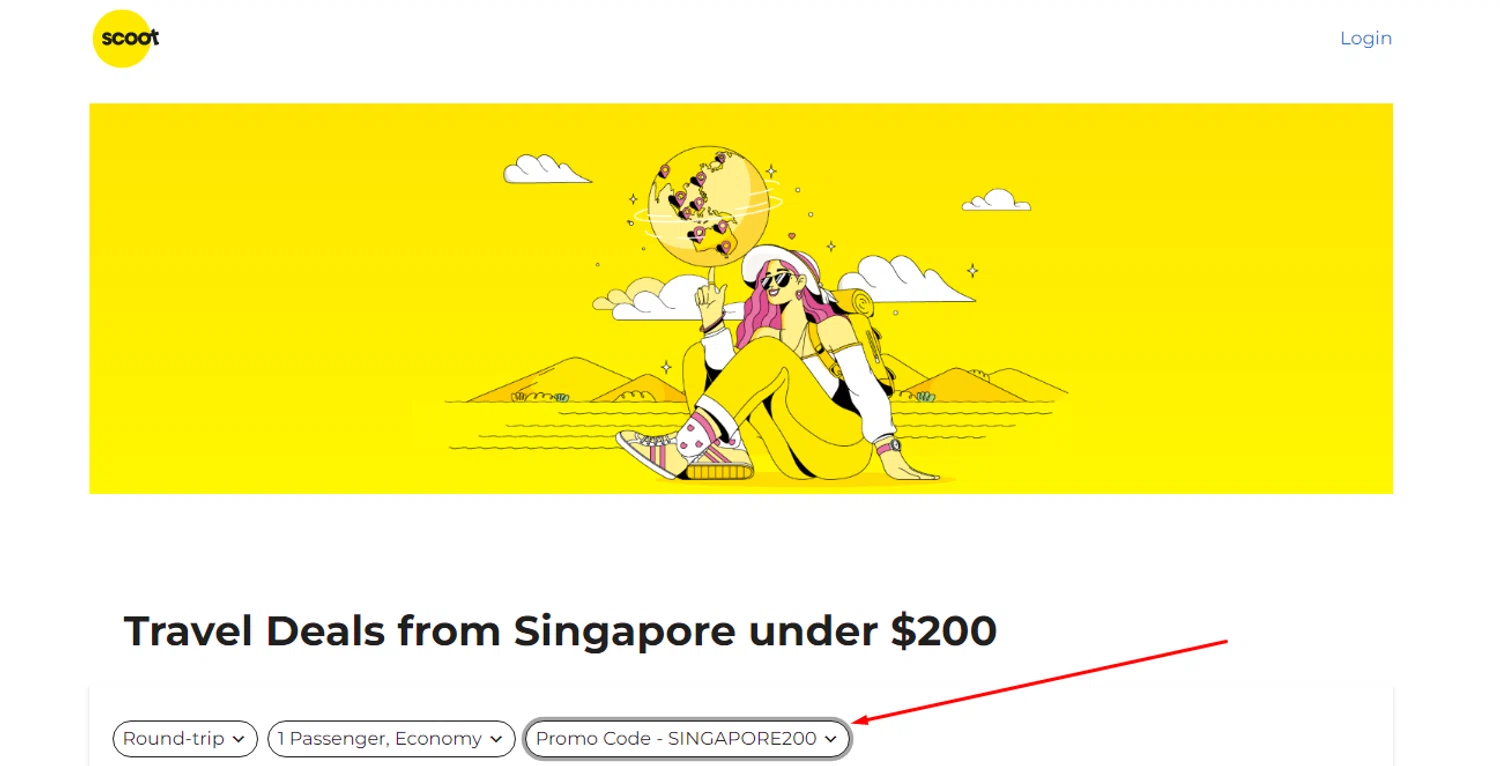Scoot promo code screenshot showing code SINGAPORE200 applied at Scoot checkout page. Uploaded by SimplyCodes community member RonaldAcunaJr on Dec 5, 2025
