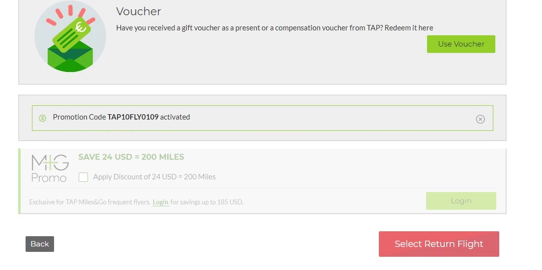 TAP Air Portugal checkout page showing TAP Air Portugal promo code box | Screenshot taken by SimplyCodes community member on Apr 27, 2021