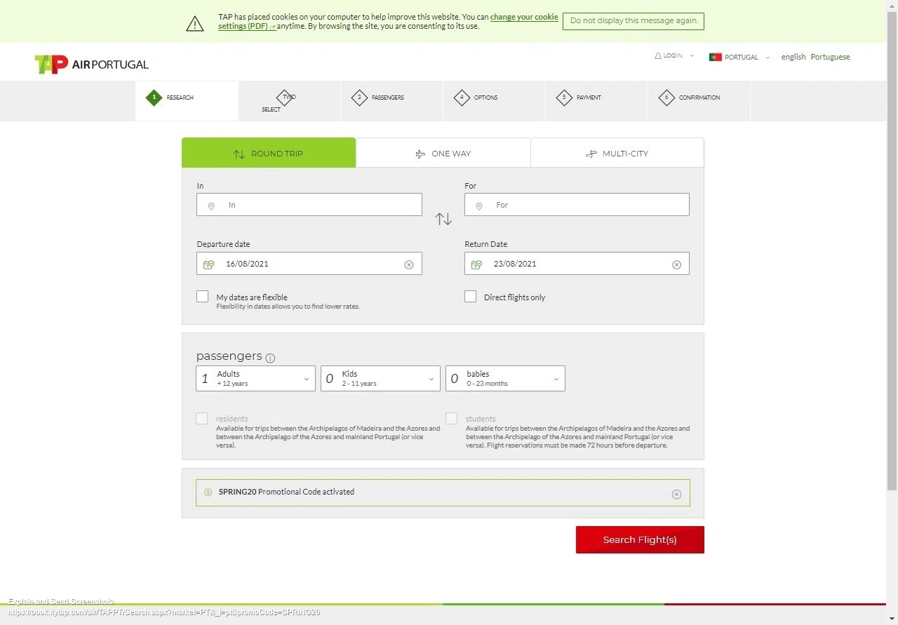 TAP Air Portugal checkout page showing TAP Air Portugal promo code box | Screenshot taken by SimplyCodes community member on Aug 15, 2021