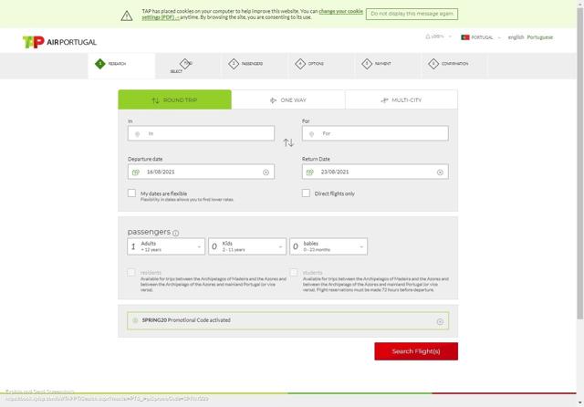 TAP Air Portugal checkout page showing TAP Air Portugal promo code box | Screenshot taken by SimplyCodes community member on Aug 15, 2021