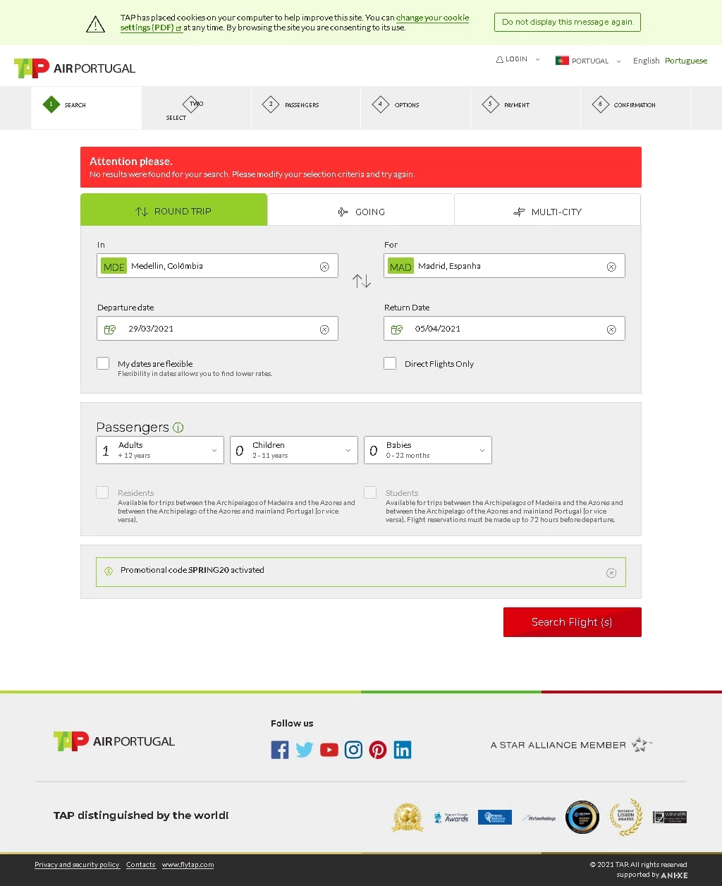 TAP Air Portugal checkout page showing TAP Air Portugal promo code box | Screenshot taken by SimplyCodes community member on Mar 28, 2021