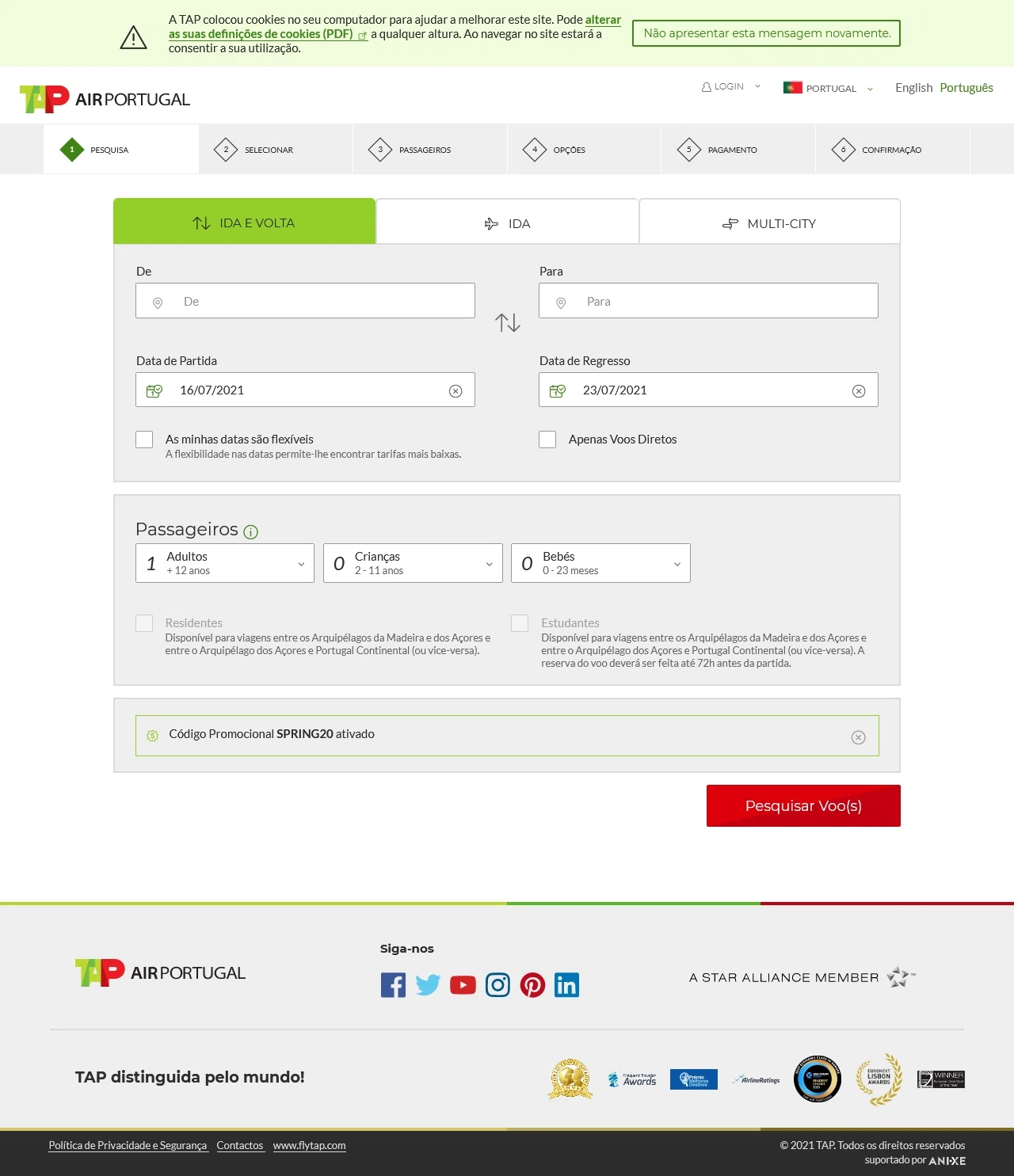 TAP Air Portugal checkout page showing TAP Air Portugal promo code box | Screenshot taken by SimplyCodes community member on Jul 15, 2021