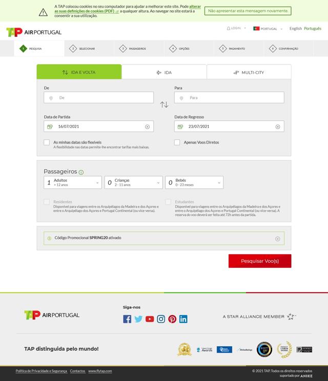 TAP Air Portugal checkout page showing TAP Air Portugal promo code box | Screenshot taken by SimplyCodes community member on Jul 15, 2021