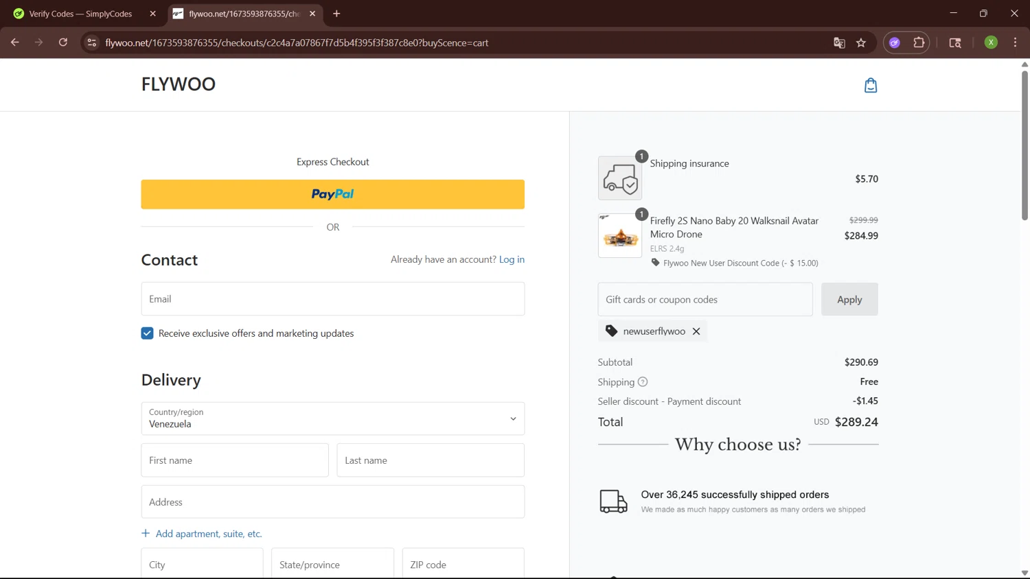 Flywoo discount code screenshot showing code newuserflywoo applied at Flywoo checkout page. Uploaded by SimplyCodes community member SaleTiger1087 on May 23, 2025