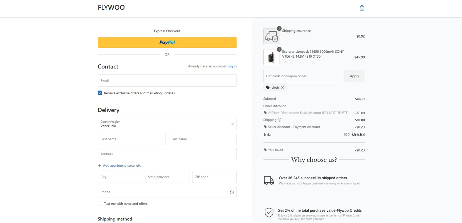 Flywoo discount code screenshot showing code yhoh applied at Flywoo checkout page. Uploaded by SimplyCodes community member Elosox1 on Oct 28, 2025