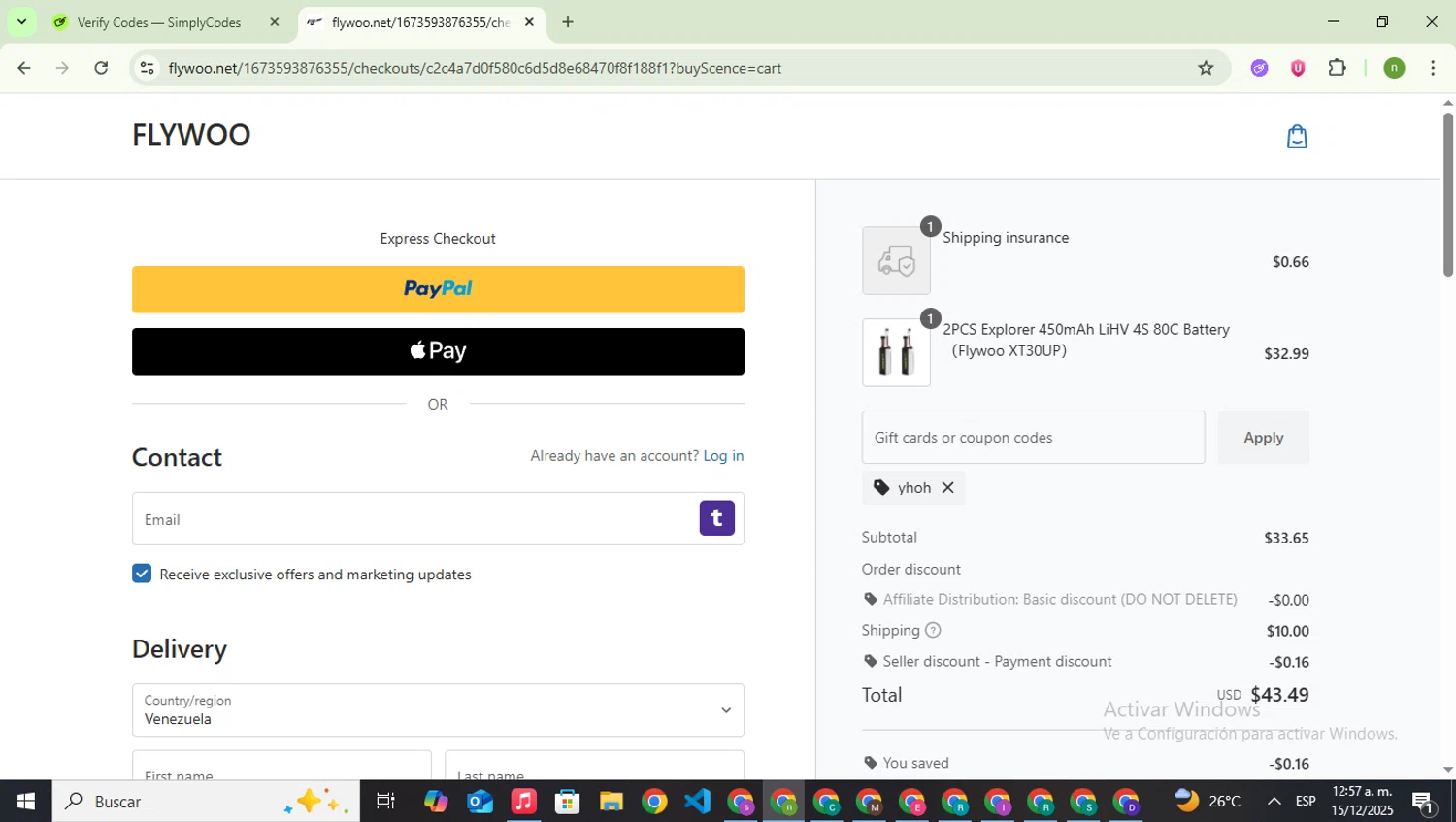 Flywoo discount code screenshot showing code yhoh applied at Flywoo checkout page. Uploaded by SimplyCodes community member SwiftSaver6197 on Dec 15, 2025