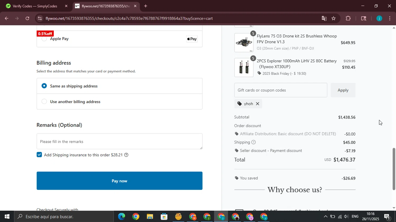 Flywoo discount code screenshot showing code yhoh applied at Flywoo checkout page. Uploaded by SimplyCodes community member juanjo2 on Nov 26, 2025