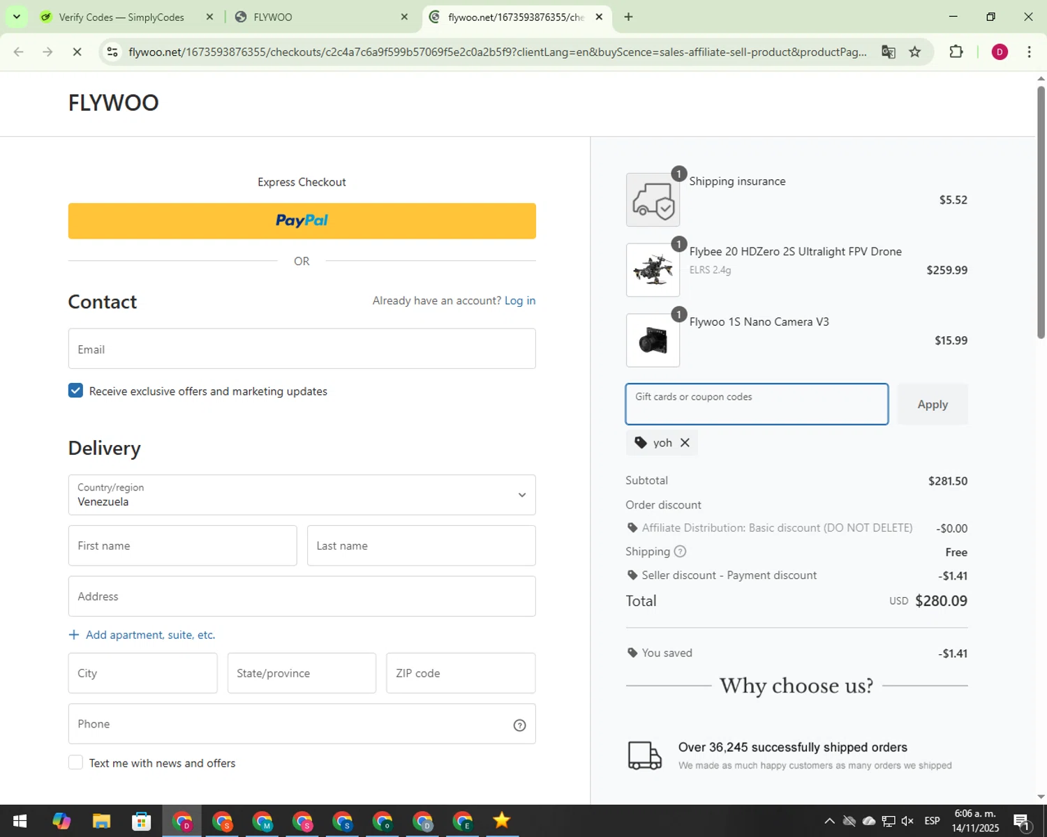 Flywoo discount code screenshot showing code yoh applied at Flywoo checkout page. Uploaded by SimplyCodes community member 000012 on Nov 14, 2025